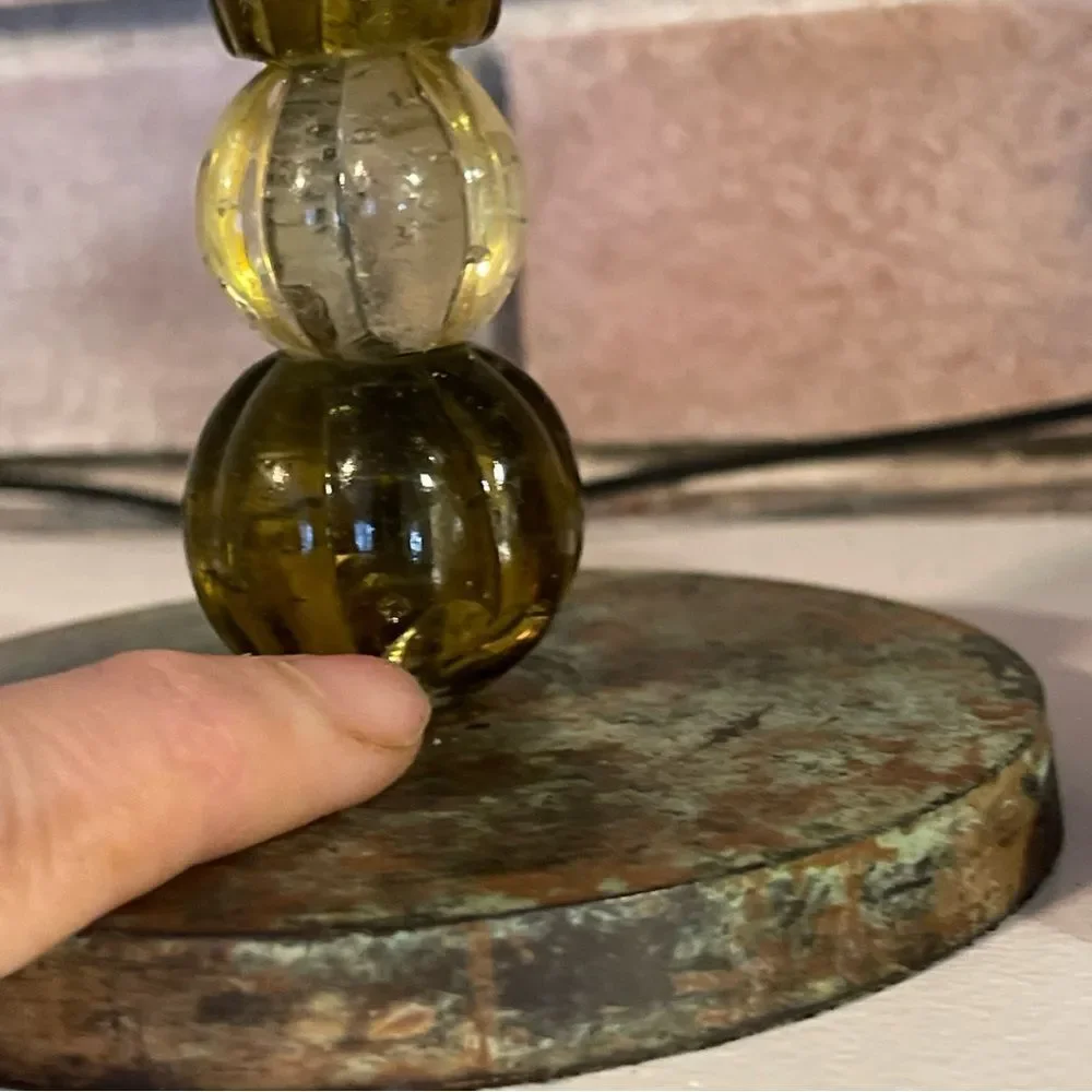 Zodax Candle Stick Holder Set of Green and Amber Glass Beads Bohemian